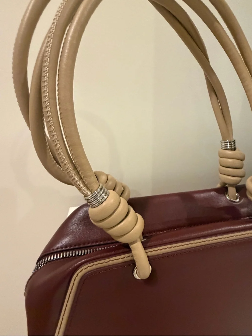 Han Wen Shoulder Bag in Burgundy with Tan spiral handles